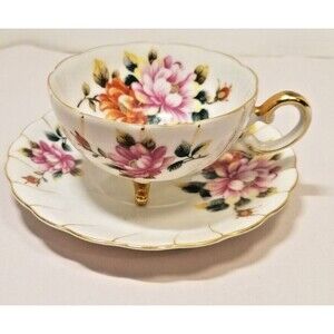 Ucagco China Footed Tea Cup & Saucer Pink Mums and Gold Trim Vintage Japan